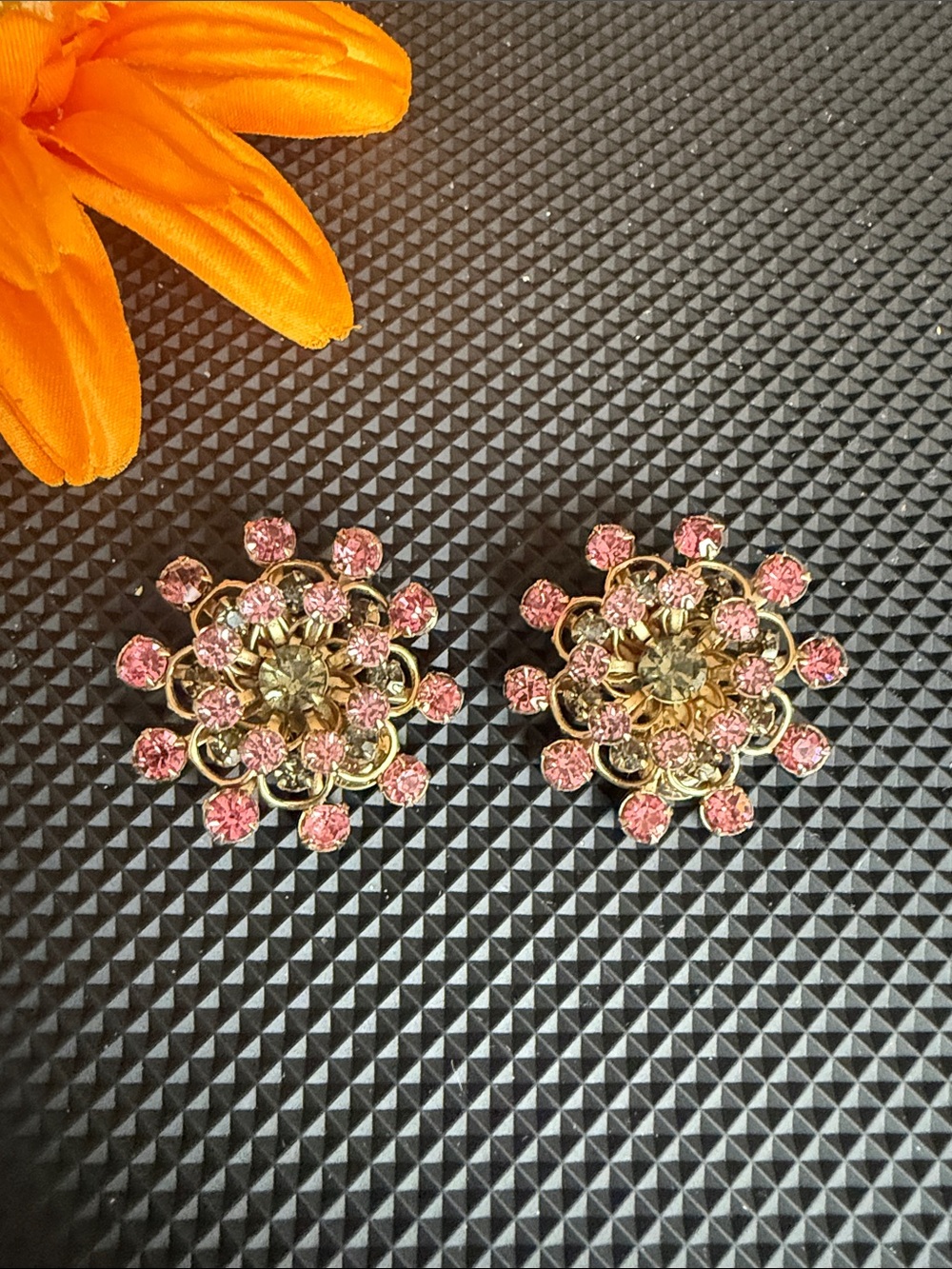 Gold Floral Pink Crystal Clip on Earrings - Women Jewelry